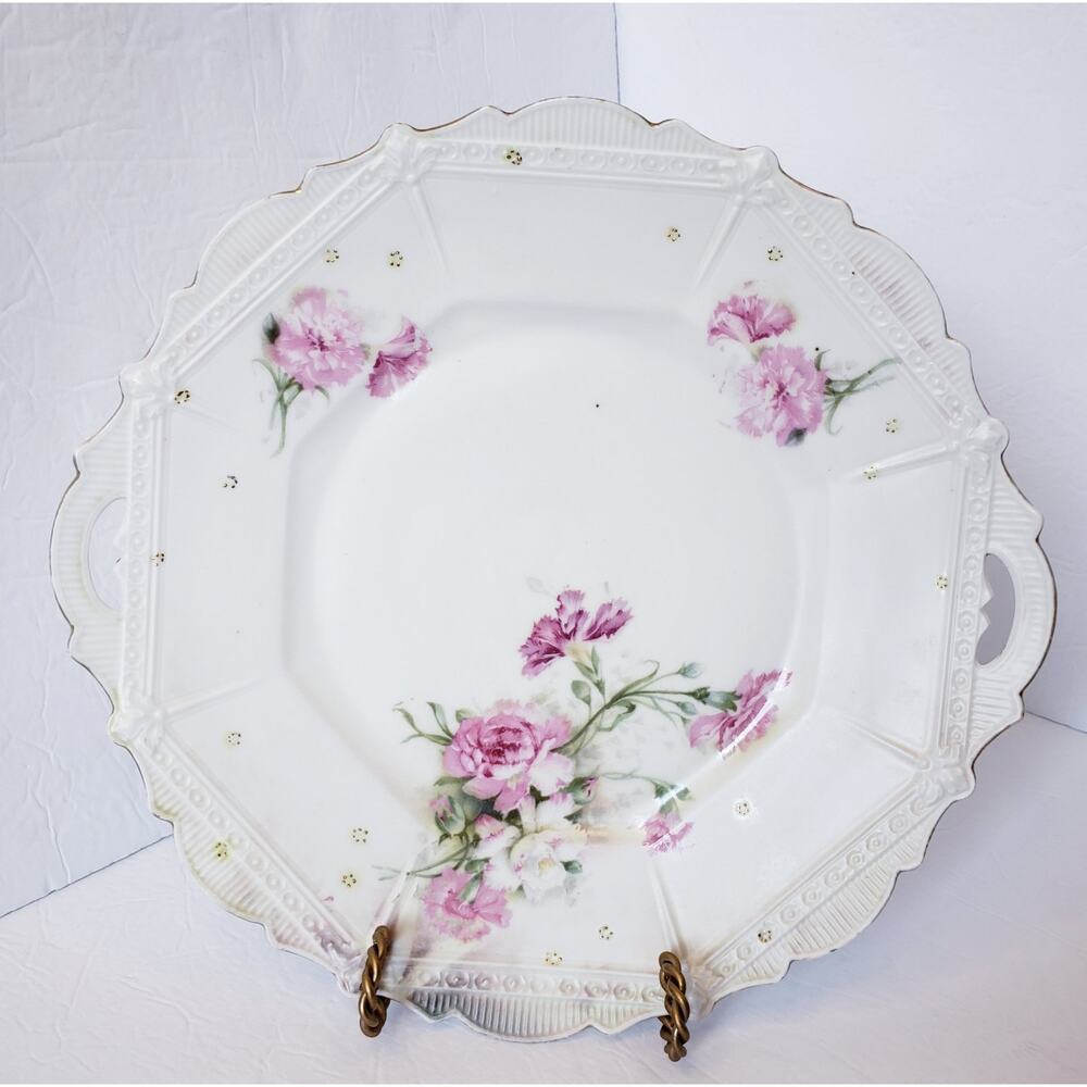 Antique RS Prussia Porcelain White Cake Plate Pink Roses Gold Accents 11.25”‎